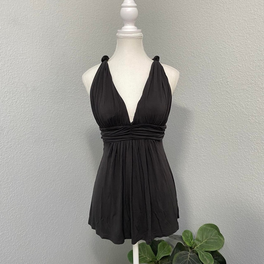 FOREVER 21 DARK GREY BABYDOLL BRAIDED OPEN BACK FLOWY TOP Y2K GRUNGE DARK FAIRY